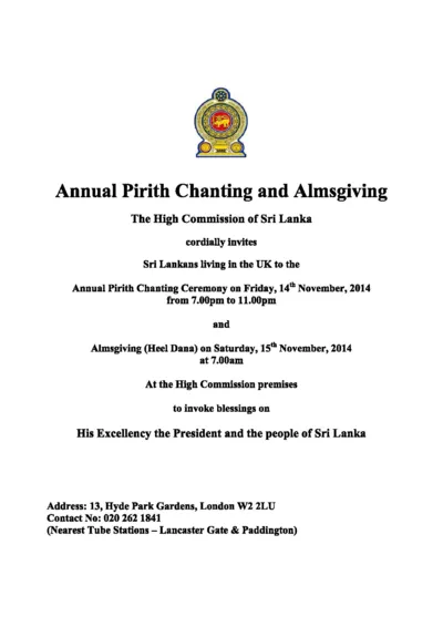 Annual Pirith Chanting and Almsgiving