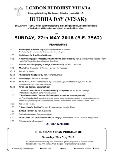 Vesak Programme at London Buddhist Vihara